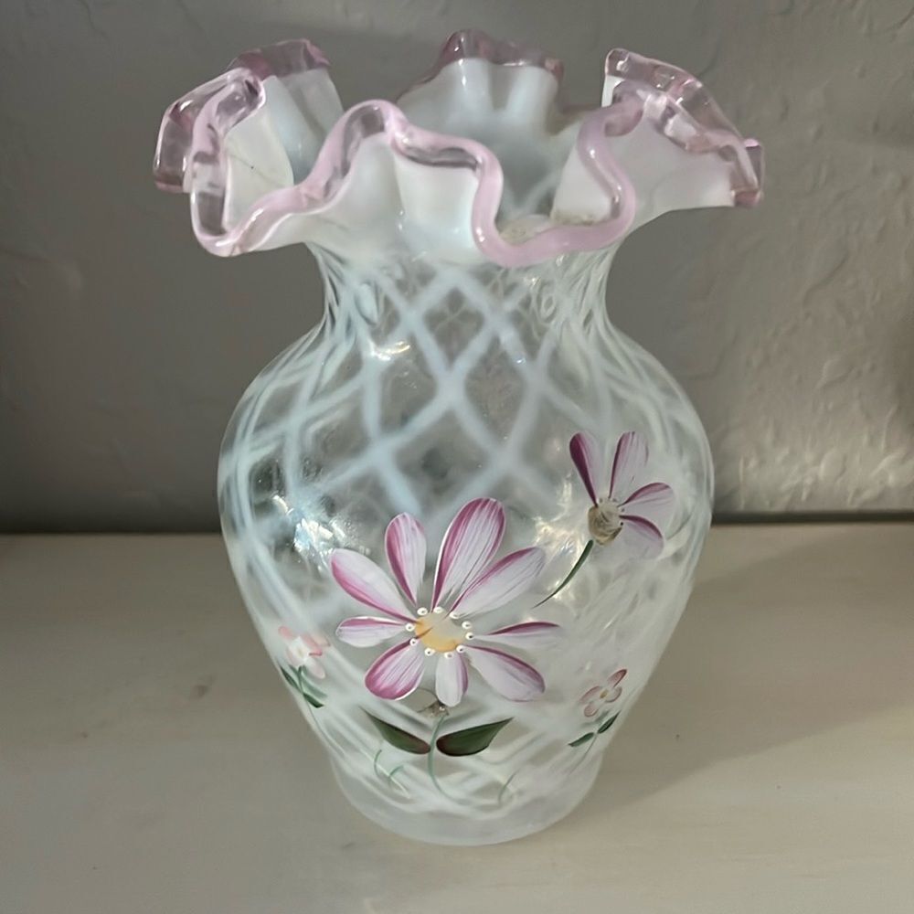 Fenton Opalescent Vase Hand-painted by K Brightbill  Original Tag Made in USA
